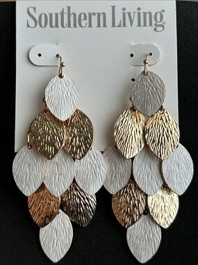 Southern Living Gold and White Layered Leaf Drop Earrings